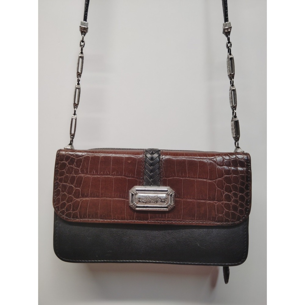 Brighton Leather Croc Style Crossbody Bag Brown & Black Two Tone With Organizer